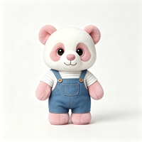 Peluche Panda Blanc Adorable avec Oreilles Roses, Jolie Poupée Panda Rembourrée Portant une Chemise et un Salopette en Jean Bleu, Peluche Panda Douce