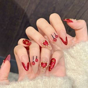 <span class=keywords><strong>Uñas</strong></span> Postizas Almendradas Medianas Hechas a Mano, Color Rojo Intenso Aura, Corazón de Perla 3D <span class=keywords><strong>y</strong></span> Estrella Dorada, <span class=keywords><strong>Uñas</strong></span> Rojas Festivas de Lujo al por Mayor - Product Image 4