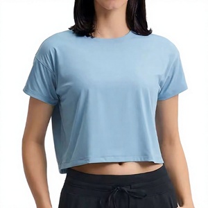Women's Light Blue Cropped tank <b>top</b> O-Neck Short Sleeve Casual Breathable Knitted <b>Top</b> Solid Color Polyester Material women <b>crop</b> - Product Image 1