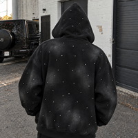 Sweat à capuche zippé pour homme, 450 GSM, grammage lourd, effet vintage délavé et vieilli, avec appliqué et strass, coupe oversize, style streetwear