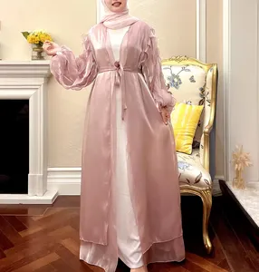 Лидер продаж, 2024, Исламская одежда, оптовая продажа, новый дизайн в стиле Дубай, 2-слойная органза, Женская открытая Абая с лентами и рукавами