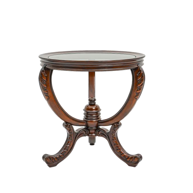 European Classic Antique Carved Solid Wood Round End Table Tripod Pedestal Side Table with Veneer Top Club Bar Living Room