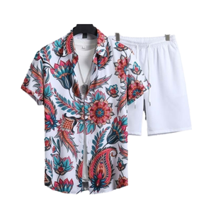 Ensemble chemise à col boutonné à double boutonnage à manches trois quarts à imprimé floral hawaïen pour homme et short blanc – Tenue d'été pour les vacances - Product Image 1