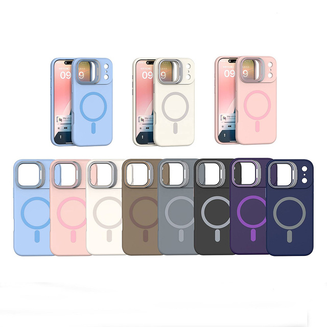 With Camera Frame Holder Magnetic Silicone Phone Case for iPhone 17 16 15 14 13 12 11 Pro Max Frosting Special Craft Cover