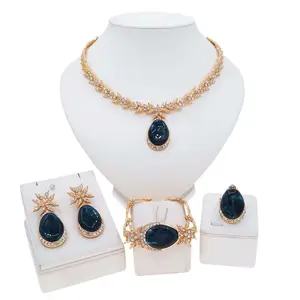 Unique design gold jewelry set silver diamond blue pendant necklace jewelry set fashionable Valentine's Day gift