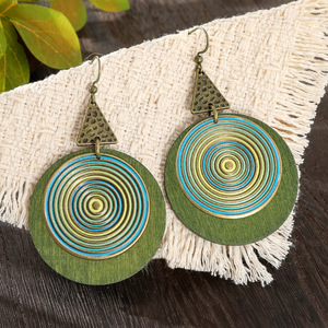 Bohemian Geometric Wood <b>Drop</b> Earrings Antique <b>Bronze</b> Plated Women's Party Jewelry Circular Pattern Design - Product Image 1