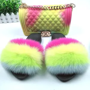 Out door fashion fur woman fur slides/fox fur slides colorful sandals