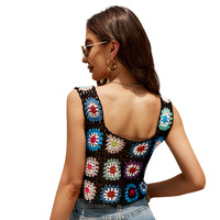 Camisole d'été personnalisée de style ethnique, à bretelles au nombril crochetées à la main, col carré court, fleurs contrastées, ajourée, petite