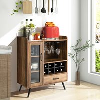 Meuble à vin moderne en bois avec porte vitrée, étagères ouvertes et tiroir, bar à liqueurs autoportant pour salle à manger et salon