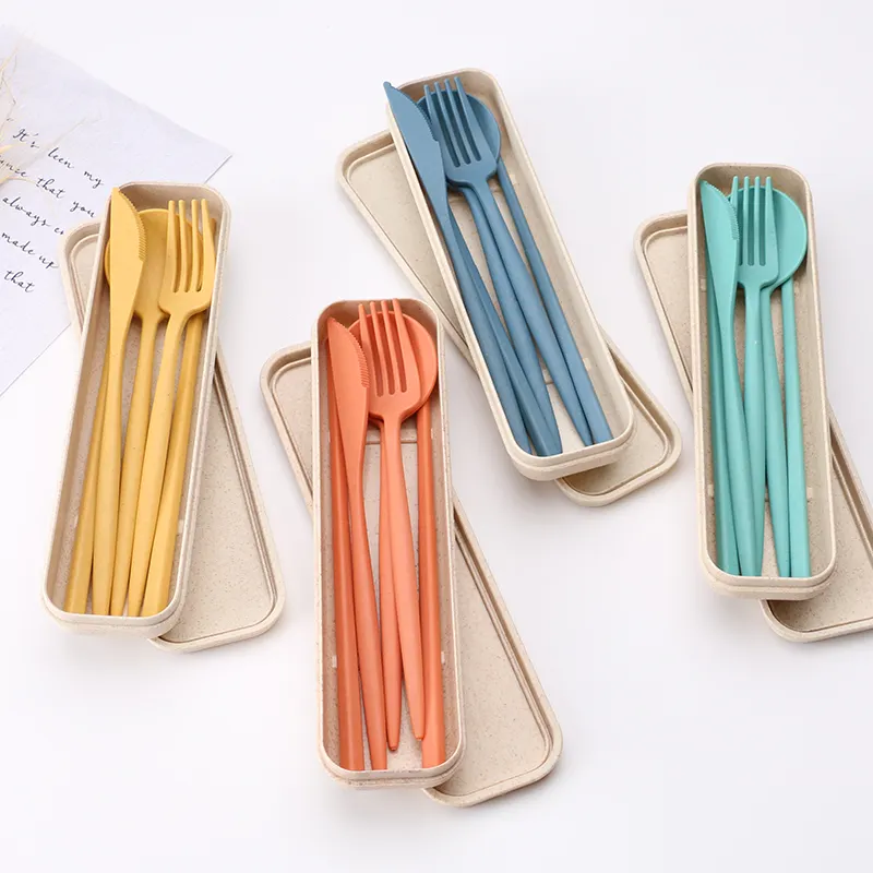 Wheat flatware with spoon fork knife and chopsticks set with wheat case camping portable cutlery set wheat straw spoon and fork