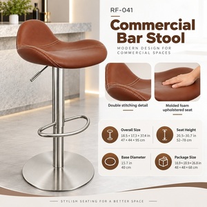 Modern Brown <b>Leather</b> Adjustable Height <b>Bar</b> <b>Stool</b> with Stainless Steel Base and Footrest - Product Image 4