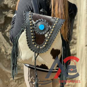 Mochila de cuero de piel auténtica hecha a mano para el pelo, mochila de piel de vaca auténtica Unisex, mochila occidental con flecos, bolsas con cordón - Product Image 1