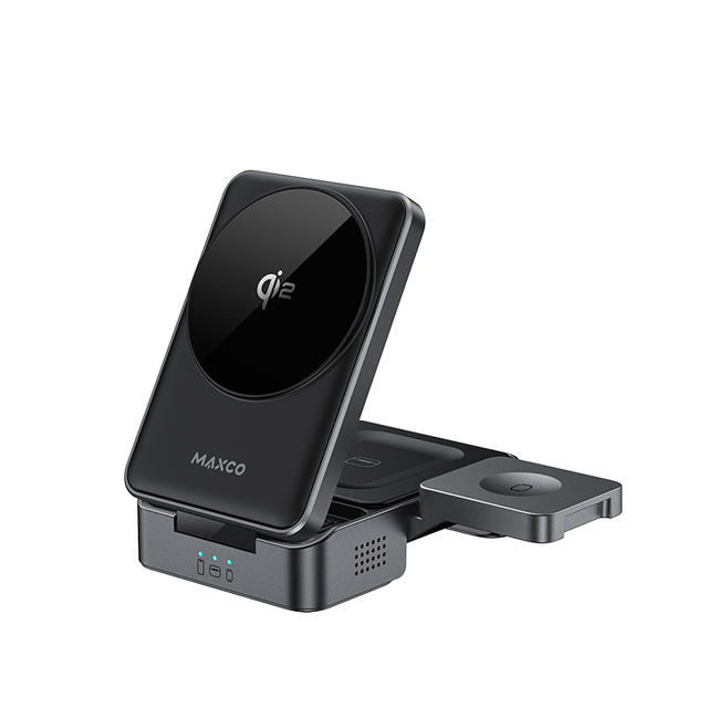 Maxco 3 in 1 Charger Ultimate Foldable Qi2 15W Fast Magnetic Wireless Charger Portable Charging Stand for iPhone IWatch Airpods