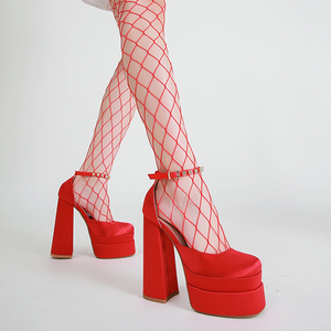 Summer Latest Satin High <strong>Heels</strong> Women 15 CM Thick <strong>Heel</strong> Mary Jane Pumps Chunky Platform Shoes Multi-colors Strap Heeled Sandals - Product Image 5