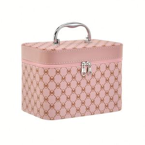Vintage M Letter Printed Makeup Case Large Capacity PU Leather Cosmetic <b>Storage</b> Box - Product Image 1