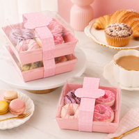 Boîtes à mini-beignets roses en gros, très demandées, avec base en papier et couvercle transparent en PET, personnalisables, pour la vente à emporter et l'emballage cadeau de boulangerie
