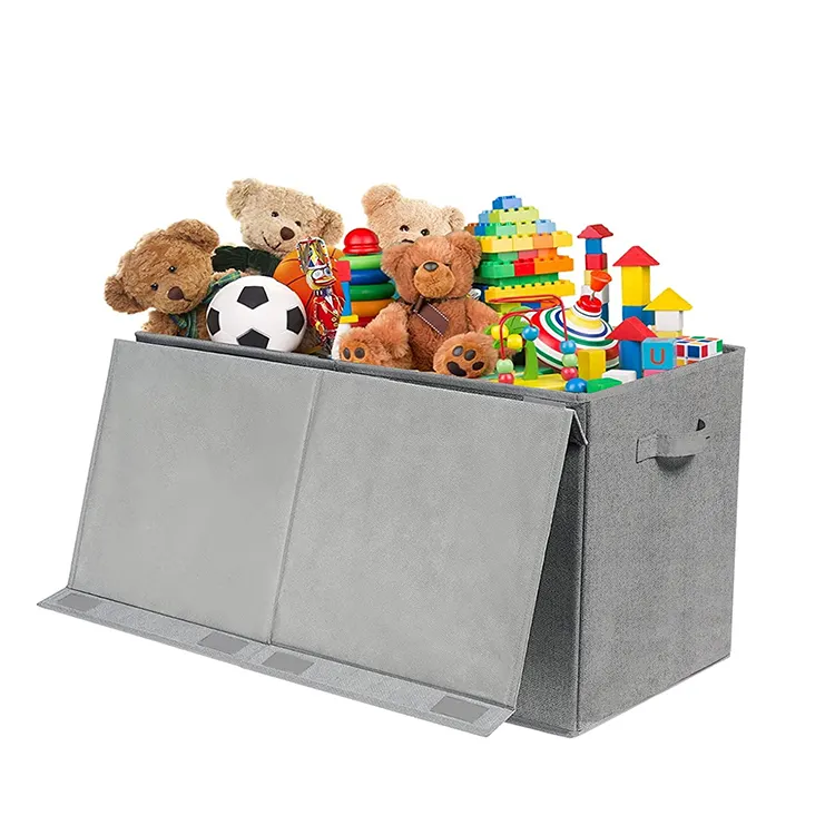 Customized Collapsible Sturdy Wooden Large Grey Fabric Toy Chest Storage Box Bins For children