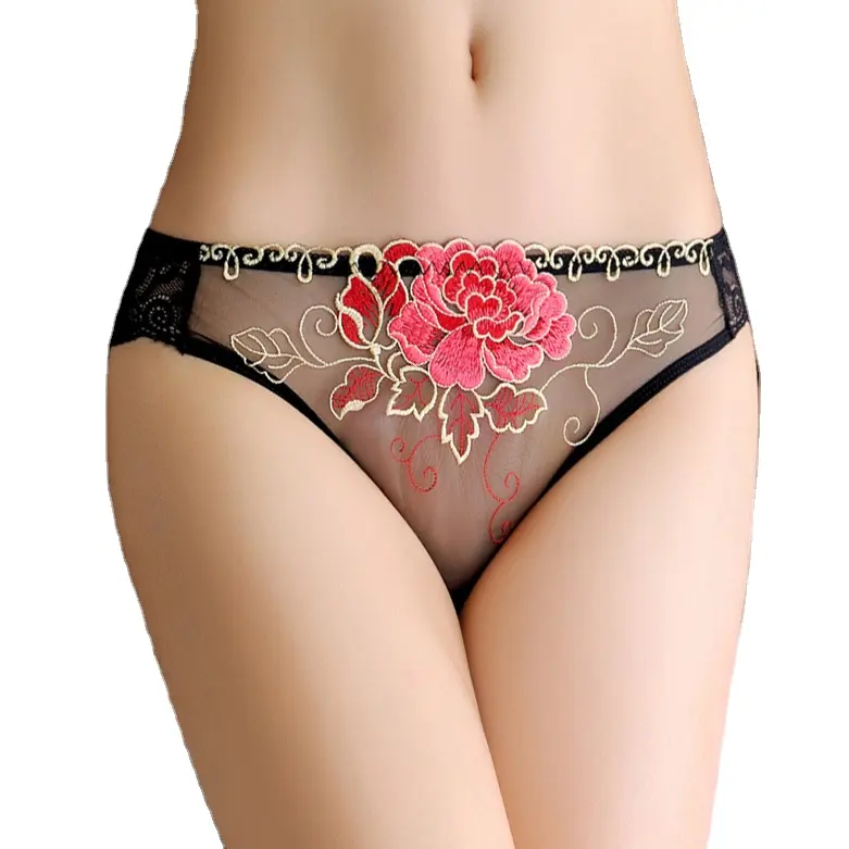 Low Waist Breathable Lady G String Underwear Thong Sexy Women's Briefs Mesh Transparent Embroidered Flower Lace Panties Lingerie