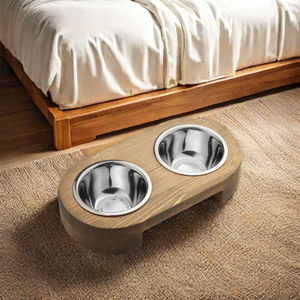 Stand ile Pet yemek kasesi, yavru köpek besleme kaymaz ahşap köpekler kediler için 2 paslanmaz çelik ve su Set çam ahşap tutucu - Product Image 6