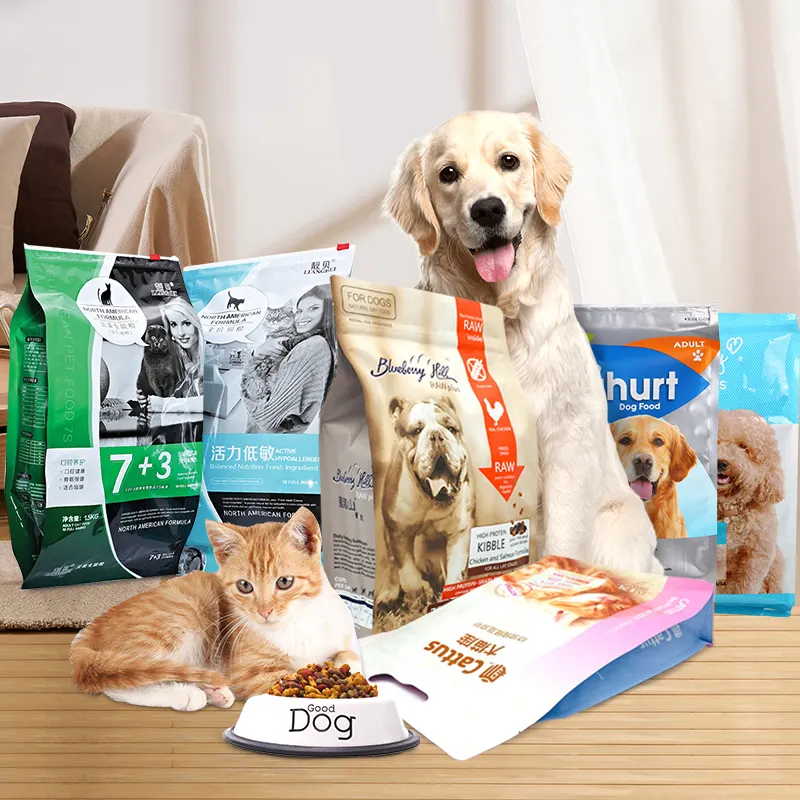 Dimensioni di vendita calde a prova d'umidità Stand Up sacchetto a fondo piatto alimentazione per cani per gatti imballaggio per alimenti borsa per alimenti per animali domestici