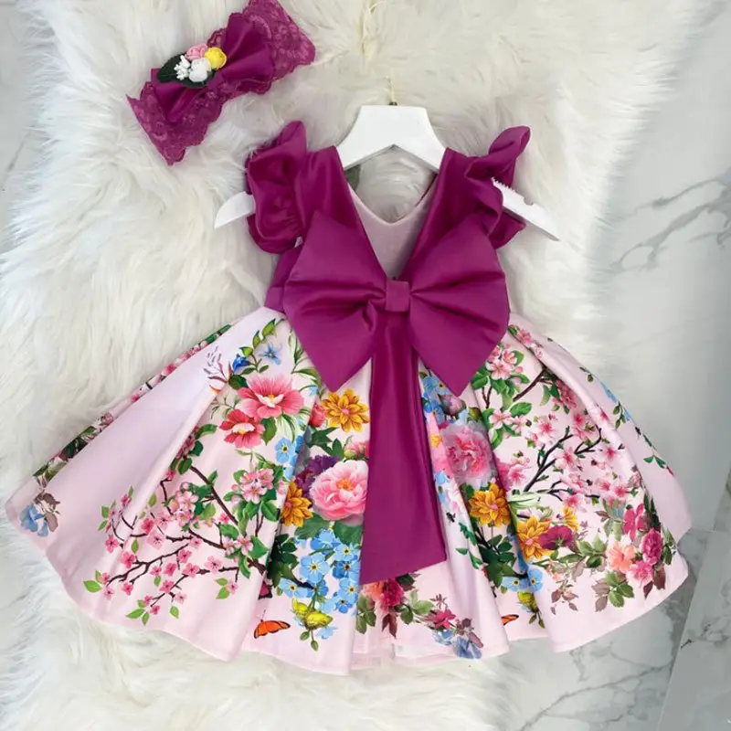 Hot Sale Little Girls Floral Printed Frock Baby Kids Big Bow Boutique Birthday Party Dress