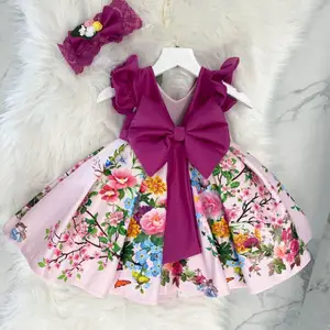 Venta caliente niñas Floral impreso vestido de los niños del bebé arco grande Boutique vestido de fiesta de cumpleaños