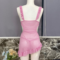 Chemise de nuit romantique pour lune de miel avec volants et découpes latérales pour femme, lingerie sexy en maille transparente rose, style babydoll