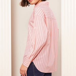 Camicie in tessuto di <span class=keywords><strong>lino</strong></span> a manica lunga personalizzate per le donne camicette Casual a righe di cotone con decorazione a bottone per la primavera - Product Image 2