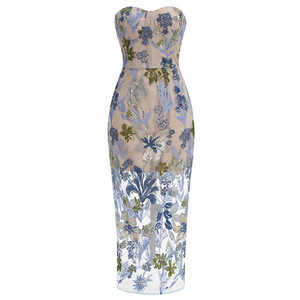 Robe longue bustier en maille brodée florale à sequins pour femme - Robe moulante transparente superposée tendance - Product Image 3