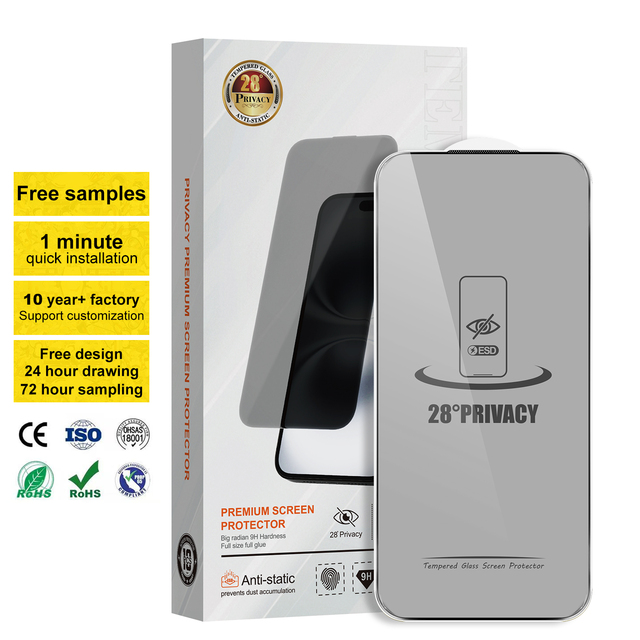 KA-W09 28°Privacy 10pcs/box Tempered Glass Screen Protector for 17 Pro Max-Anti-Static 9H Hardness 2.5D Radian Anti-Fingerprint