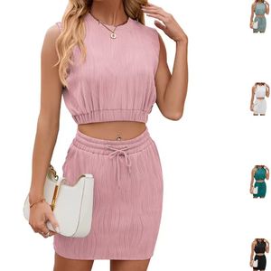 Conjunto de 2 Piezas para Mujer, Traje Casual de Verano, Nuevo Diseño de Cuello Redondo sin Mangas con Ondas, Largo hasta la Rodilla - Product Image 1