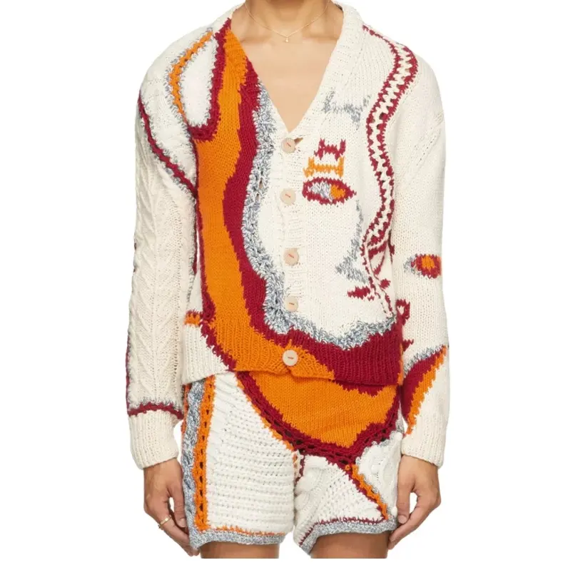 Benutzer definierte Pullover Kleidung Abstract Gestrickte Mode Button Up Lose Langarm Jacquard Cardigan Beige Sweater Pattern Cardigan Men