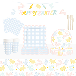 DAMAI Easter Party Theme Decor Bulk Wholesale Set Blue Check Easter Rabbit Paper Plates <b>Tablecloth</b> Party Disposable Tableware - Product Image 1