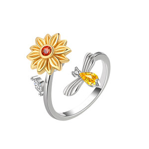 Geometric Colorful Cubic Zirconia Rotating Sunflower Open <b>Adjustable</b> <b>Rings</b> Copper Gold Plated Women Stress Relief Daisy Jewelry - Product Image 5