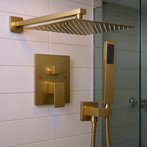Juego de ducha cuadrado con cabezal y rociador de mano, acabado en oro cepillado, grifo de latón montado en la pared, diseño moderno para baño - Product Image 2