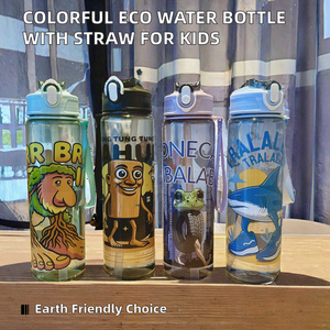 Bouteilles en plastique colorées <span class=keywords><strong>écologique</strong></span>s de 750 ml, design de dessin animé, élégantes, de qualité supérieure, pour boissons, avec paille pour enfants, idéales pour les voyages - Product Image 2