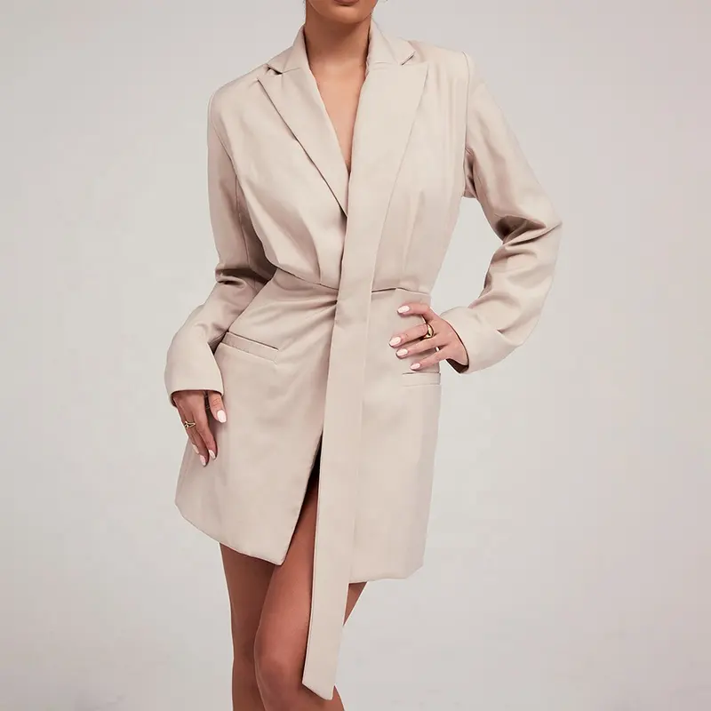 Weixin Women Clothing Professional Custom Mistress Rocks Beige Lapel Wrap Jacket Overalls Long Sleeved Quality Dress