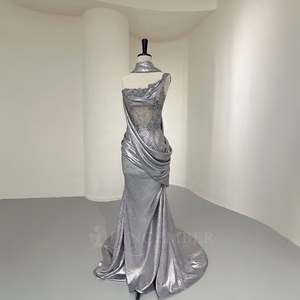 Nt132 Custom Couture <b>Silver</b> Mermaid Evening <b>Dress</b> With Metallic Fabric Beaded Lace And Draped Shoulder Scarf Jancember - Product Image 3