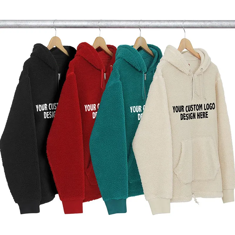 High Quality 330GSM Custom Coral Curly Fleece Embroidery Hoodies Heavy Weight Berber Fleece Hoodies Mens Sherpa Hoodies