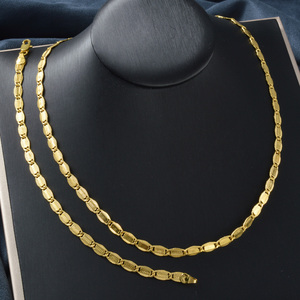 Unisex Classic Anniversary 18K Gold Plated Smooth Oval Embossed Narrow Lightweight <b>Matching</b> Necklace Set <b>Bracelets</b> - Product Image 1