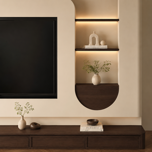 Mueble de <span class=keywords><strong>TV</strong></span> Moderno de Mediados de Siglo con Bordes Curvos Personalizados, Mueble de <span class=keywords><strong>TV</strong></span> con Esquinas Redondeadas, Estantes de Exhibición LED <span class=keywords><strong>para</strong></span> Sala de Estar - Product Image 3