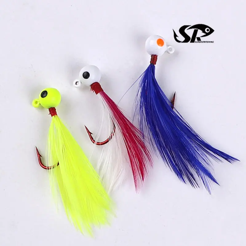 Jigs di piume superiori 1/16 1/32 pesca a mosca marabù ciniglia giga uncino Crappie teste di giga coda di gallo pesca esca