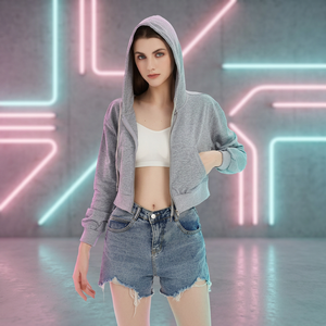 Women's Gray Cropped Hooded Zip-<b>Up</b> Fleece Sweatshirt Full Sleeve Solid Color Knitted Quick Dry Casual Top Winter Style - Product Image 2