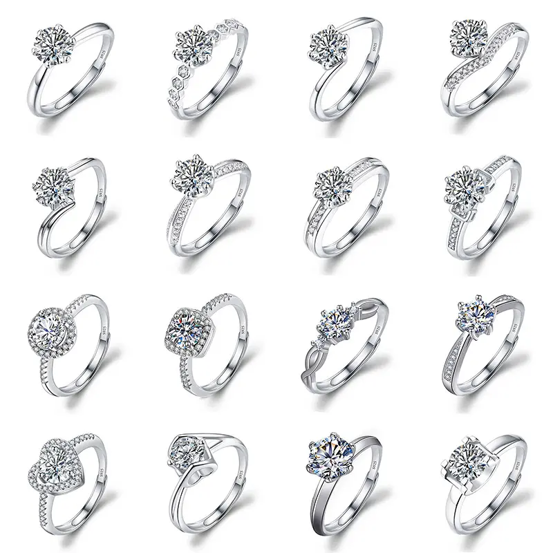 Anel de casamento ajustável banhado a prata 925 branco, forma redonda, cor D, moissanite, anel para mulheres, mais vendido