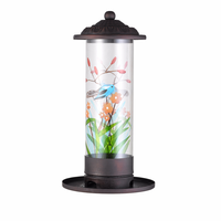 Mangeoire à oiseaux antique en tube transparent peint, motif floral coloré, avec dôme métallique, plateau de base et chaîne de suspension, résistante à la rouille et à l'eau