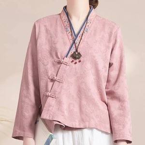Chinese Style V Neck Embroidered Button Long Sleeve Cardigan Loose Hanfu Top For Women Spring Autumn Casual Wear Pink - Product Image 1