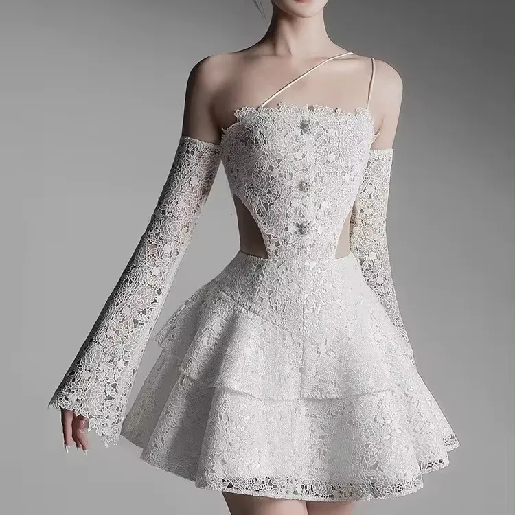 New dropshipping elegant white lace hollow out waist dress