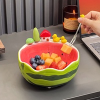 Ensemble de vaisselle en céramique mignon et élégant, thème pastèque, avec assiette à fruits ondulée et fourchettes et bols en forme de canard, pour tables basses de salon