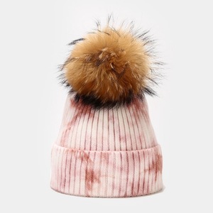 Hiver Femmes Enfants Toddler Tie Dye Real Fur Pom Pom Knit Hat Fisherman Tie-dye Beanie With Amovible Pompom - Product Image 5