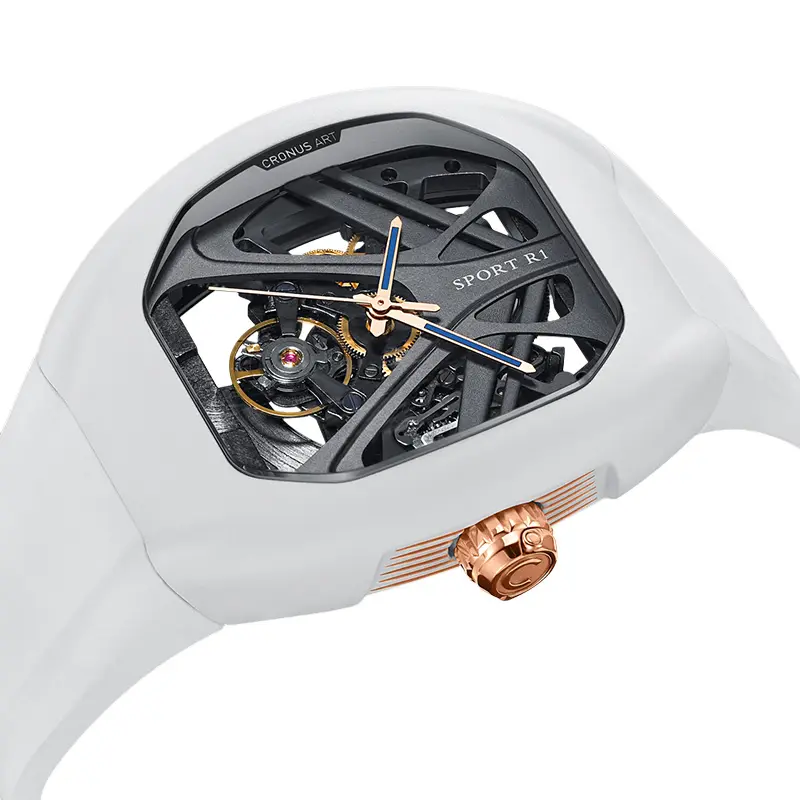 นาฬิกากลไกกระจกแซฟไฟร์สองด้านทำจากเหล็กตัวเรือนเหล็ก365l มีสายรัดข้อมือดีไซน์ยานยนต์สีขาว